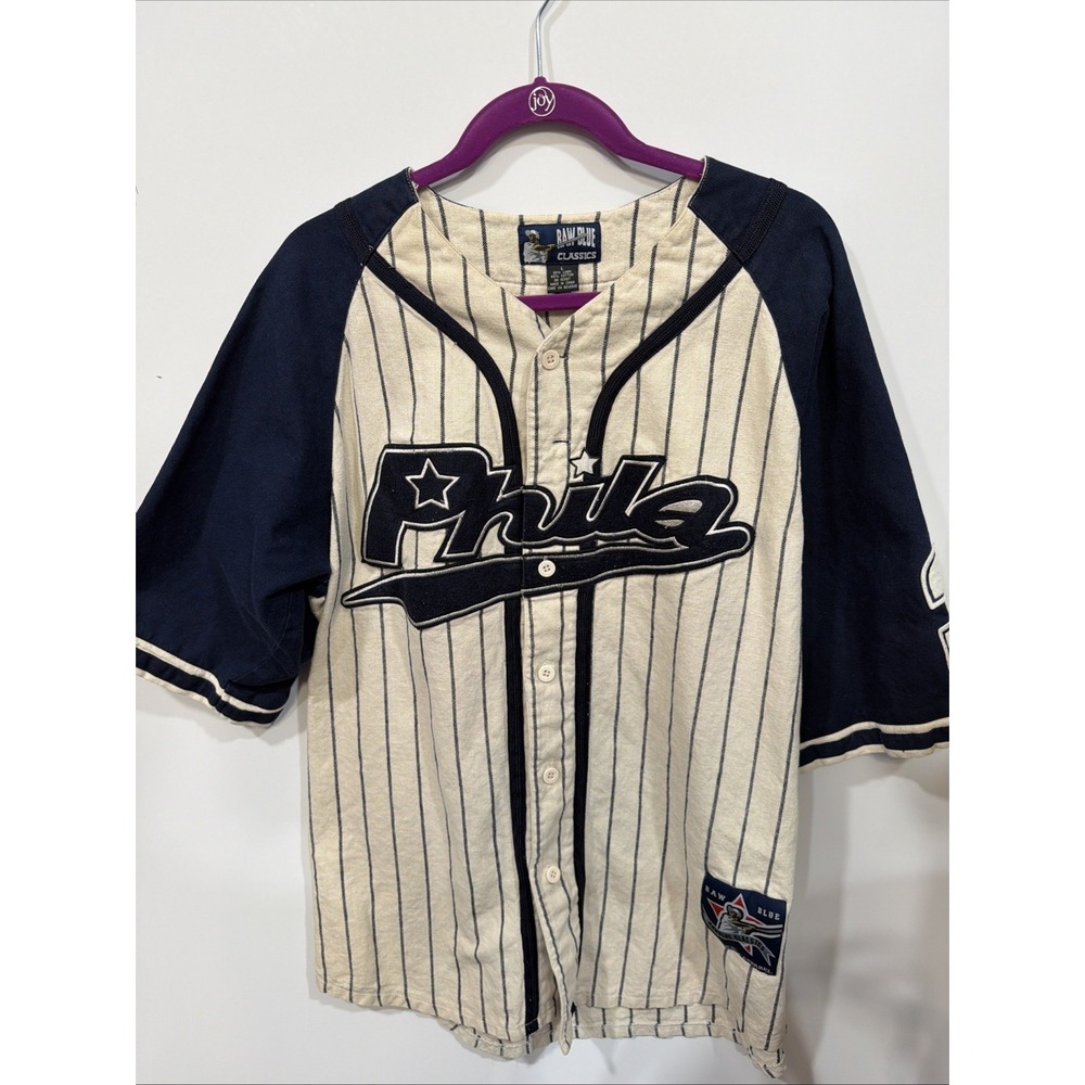 Vintage 90s Raw Blue Classics Mens L Phila 3 First Team‎ Apparel  Baseball Shirt